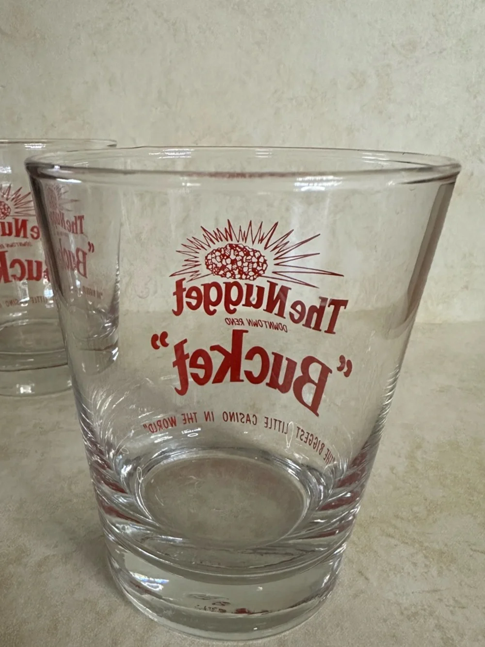 2 Vintage The Nugget Bucket Reno Casino Cocktail Bar Glasses Red Lettering 4.5”